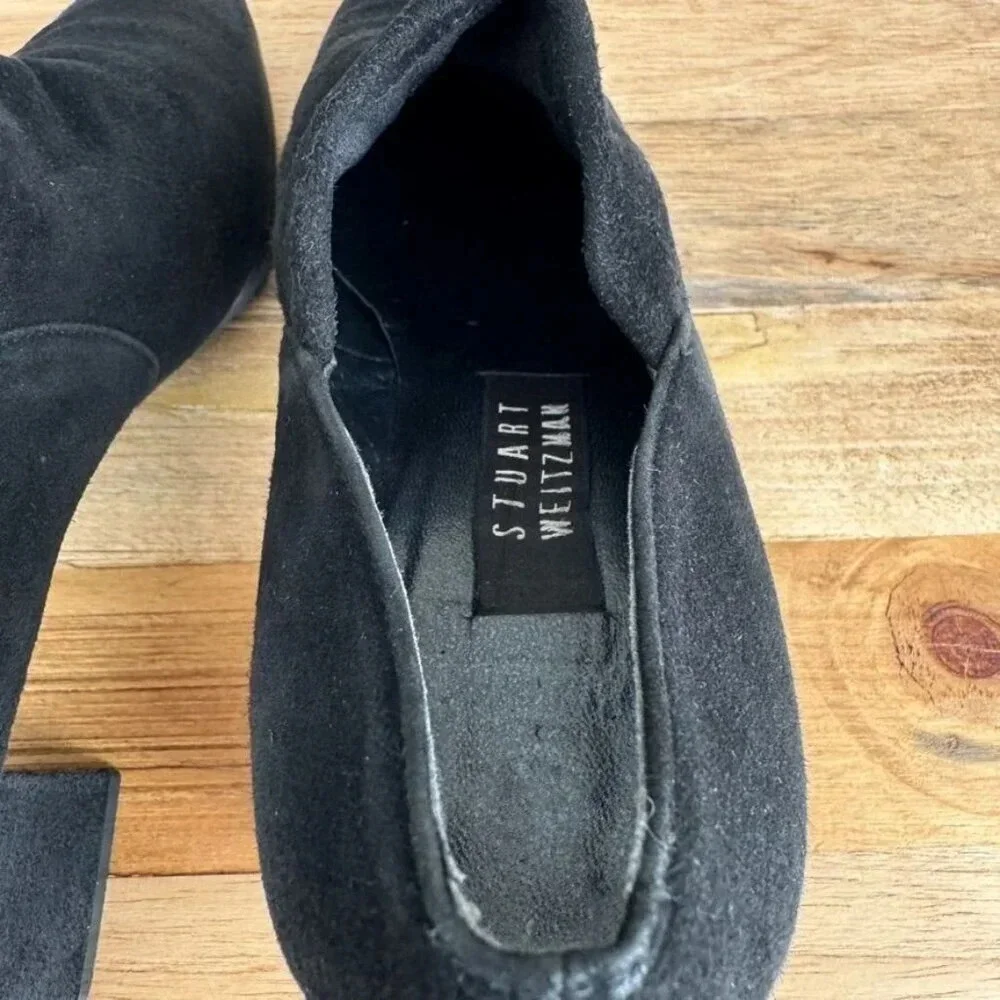 Stuart Weitzman Black Stretch Suede Square Long Toe Box Block Heel Shoe Bootie